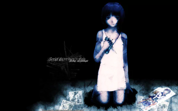 HD PC desktop wallpaper featuring a dark, atmospheric anime scene from Serial Experiments Lain with the central character in a white dress surrounded by scattered papers.