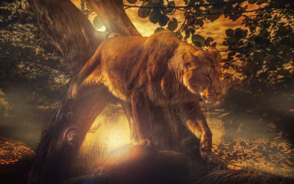 A surreal scene featuring a lioness reflected in a shimmering sunset, surrounded by lush foliage, creating a captivating atmosphere for an HD desktop wallpaper.