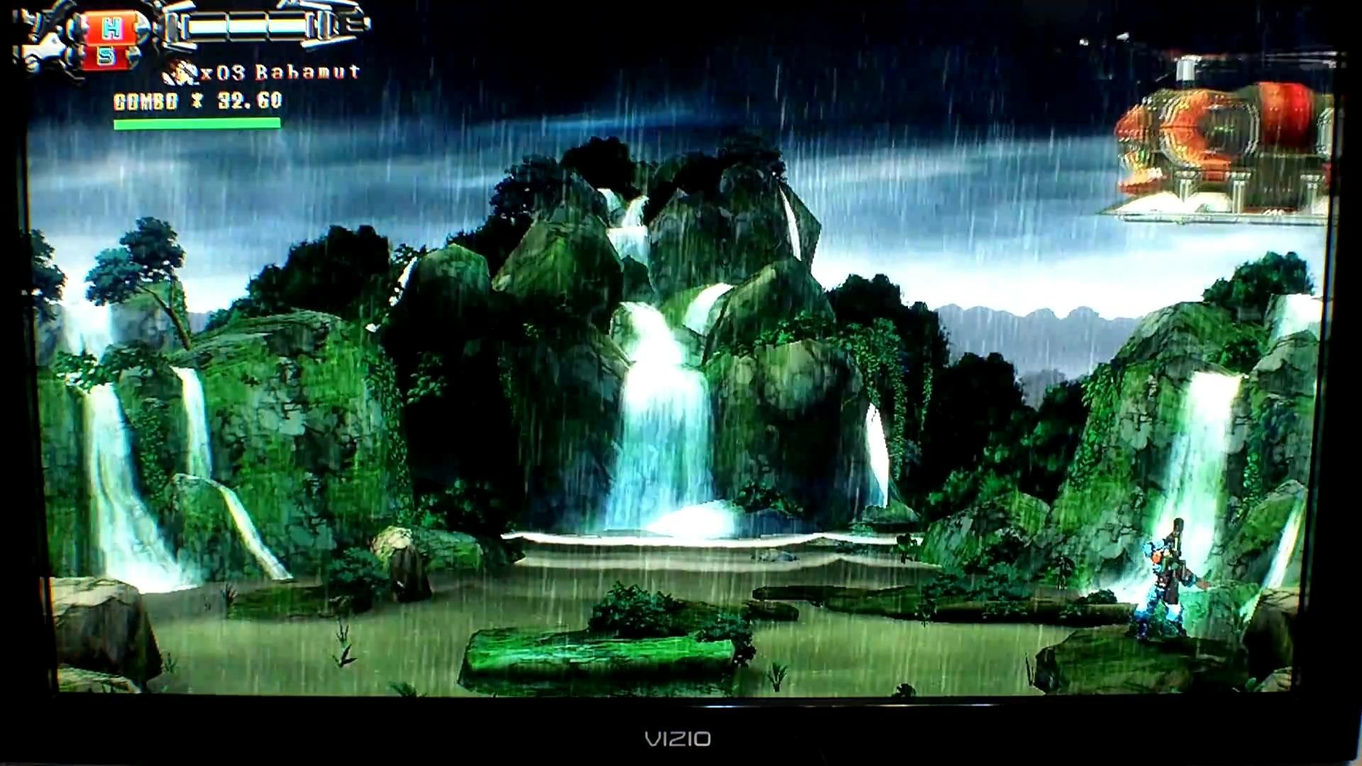 HD wallpaper from Hard Corps: Uprising featuring a character in combat on a level with waterfalls and lush greenery.