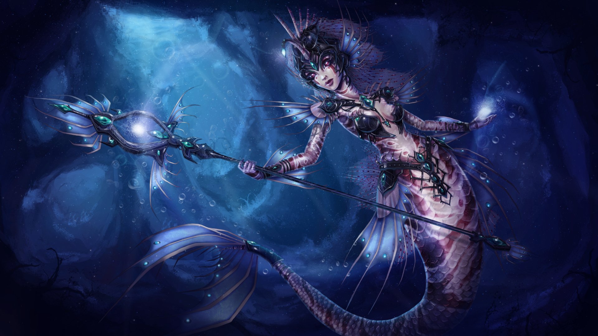 Nami from League of Legends is depicted in this stunning HD wallpaper, showcasing her aquatic design and magical staff against a mesmerizing underwater backdrop.