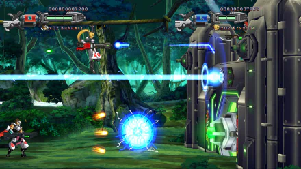 HD desktop wallpaper of Hard Corps: Uprising featuring characters engaging in action-packed gameplay in a vibrant forest setting.
