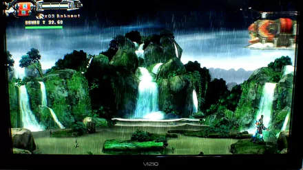 HD wallpaper from Hard Corps: Uprising featuring a character in combat on a level with waterfalls and lush greenery.