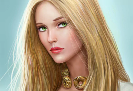 Artistic HD desktop wallpaper of a Celtic blonde woman with striking green eyes and long flowing hair against a soft blue background.
