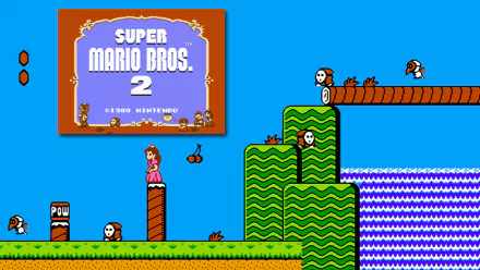 HD PC desktop wallpaper featuring a classic Super Mario Bros. 2 scene with Princess Peach, Shy Guys, and vibrant pixel art landscape.