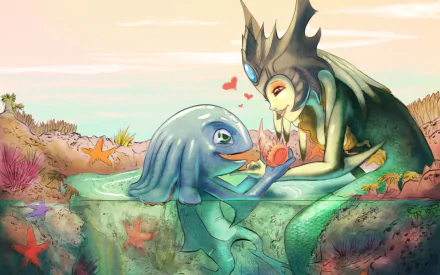 2K Quad HD PC desktop wallpaper from the video game League of Legends: Fizz and Nami share a playful seaside moment amid colorful reef life and a warm sunset.