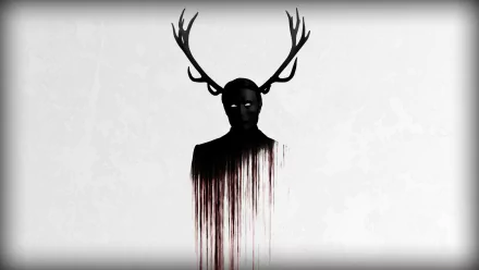 A haunting HD wallpaper from the TV show Hannibal, featuring a shadowy figure with antlers, dripping dark liquid against a stark white background.