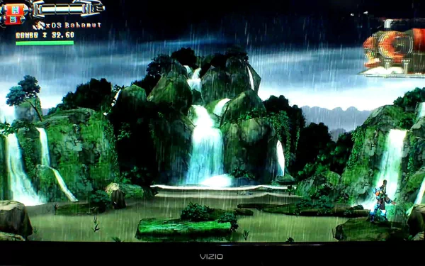 HD wallpaper from Hard Corps: Uprising featuring a character in combat on a level with waterfalls and lush greenery.