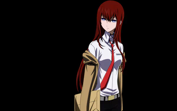 A high-definition wallpaper featuring Kurisu Makise from Steins;Gate, portraying her in a confident pose with long red hair and a keen expression against a dark background.