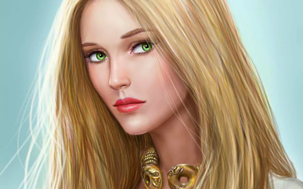 Artistic HD desktop wallpaper of a Celtic blonde woman with striking green eyes and long flowing hair against a soft blue background.