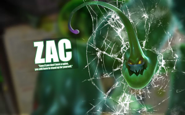 HD PC desktop wallpaper of Zac from the video game League of Legends: a glowing green, gelatinous creature with menacing eyes bursting through shattered glass/web with ZAC title text.