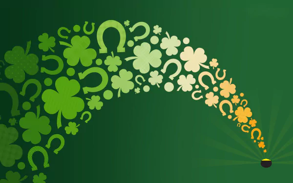 Green St. Patrick's Day holiday HD desktop wallpaper: cascading shamrocks, clovers and horseshoes arcing from a pot of gold on a rich green background.