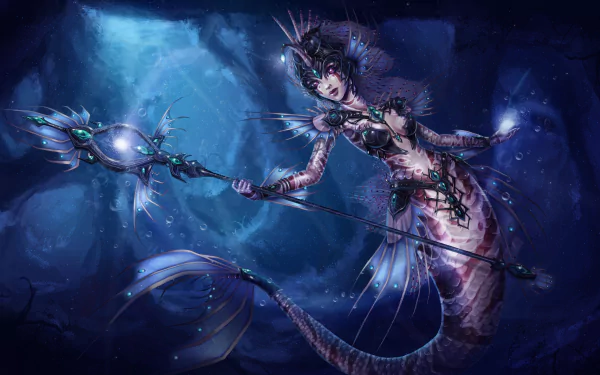 Nami from League of Legends is depicted in this stunning HD wallpaper, showcasing her aquatic design and magical staff against a mesmerizing underwater backdrop.