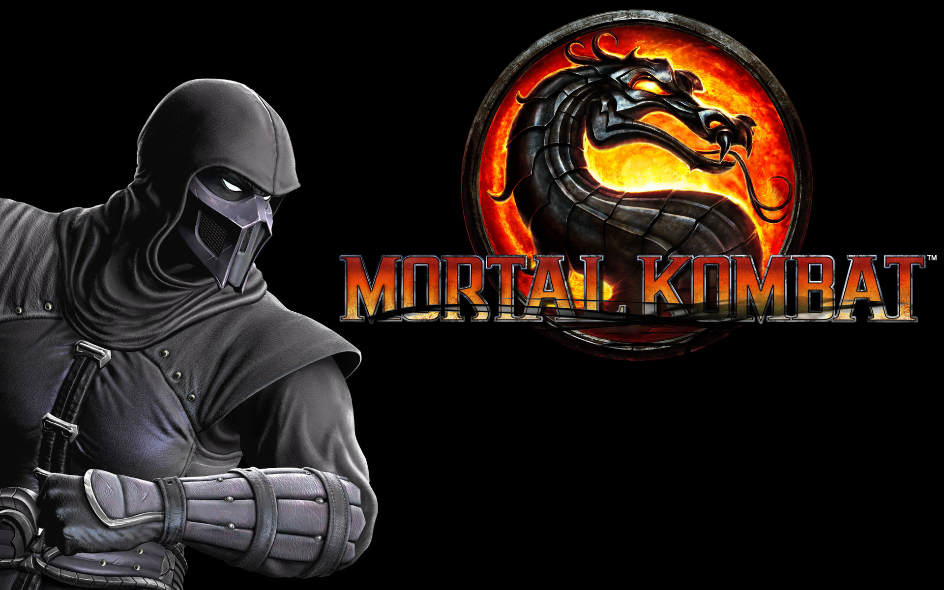 HD PC desktop wallpaper featuring a Mortal Kombat ninja character in black armor alongside the fiery dragon logo and Mortal Kombat title.
