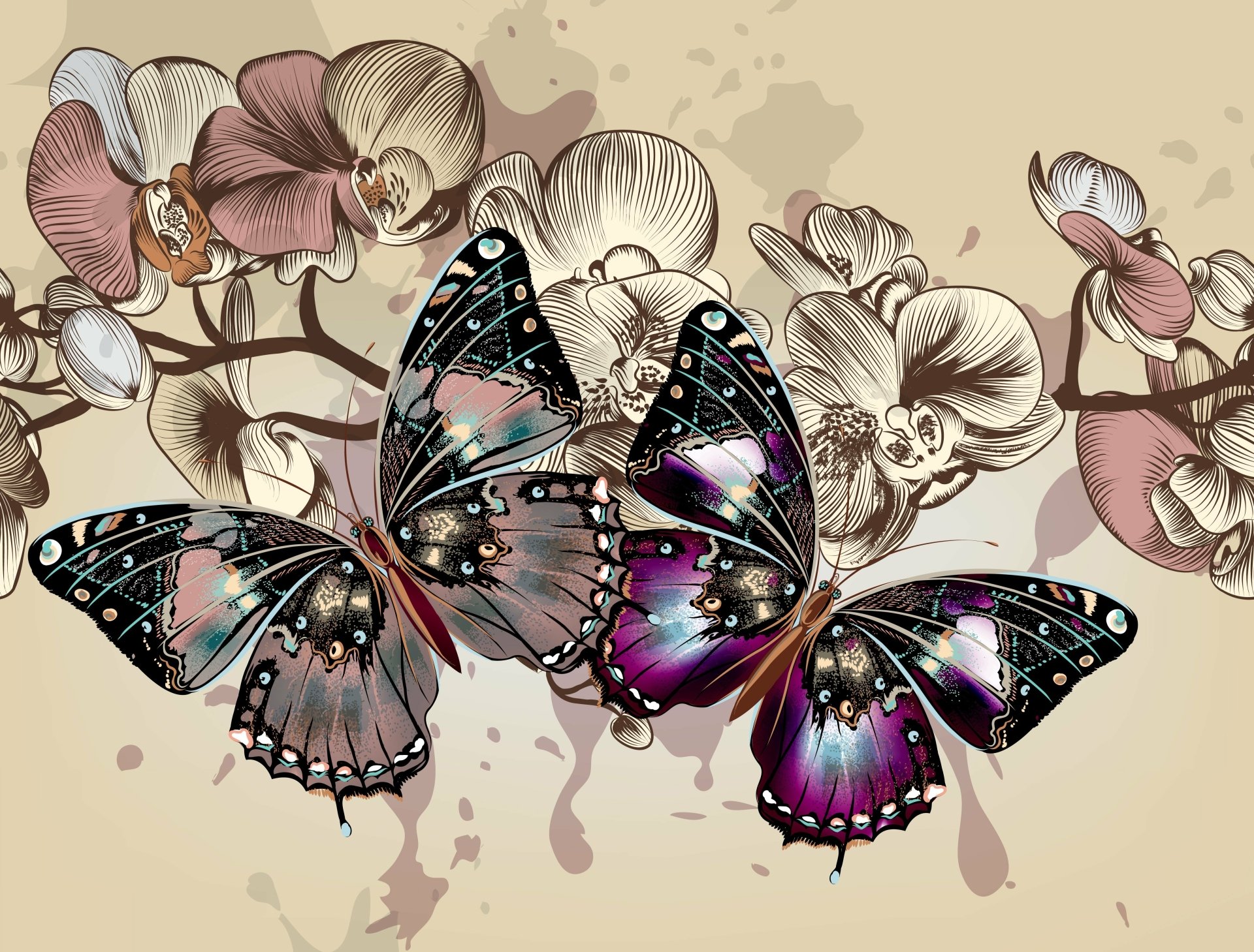 Colorful butterflies with intricate wings are shown against a backdrop of elegant flowers. This vector art creates a stunning 4K Ultra HD desktop wallpaper.
