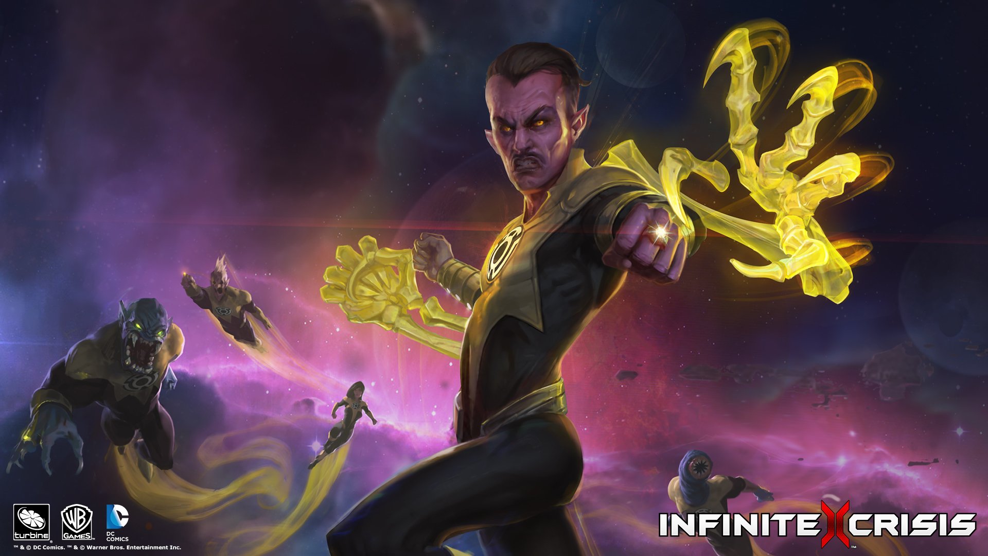 HD PC desktop wallpaper featuring Sinestro as the Yellow Lantern from DC Comics in the video game Infinite Crisis, showcasing his glowing yellow energy powers.