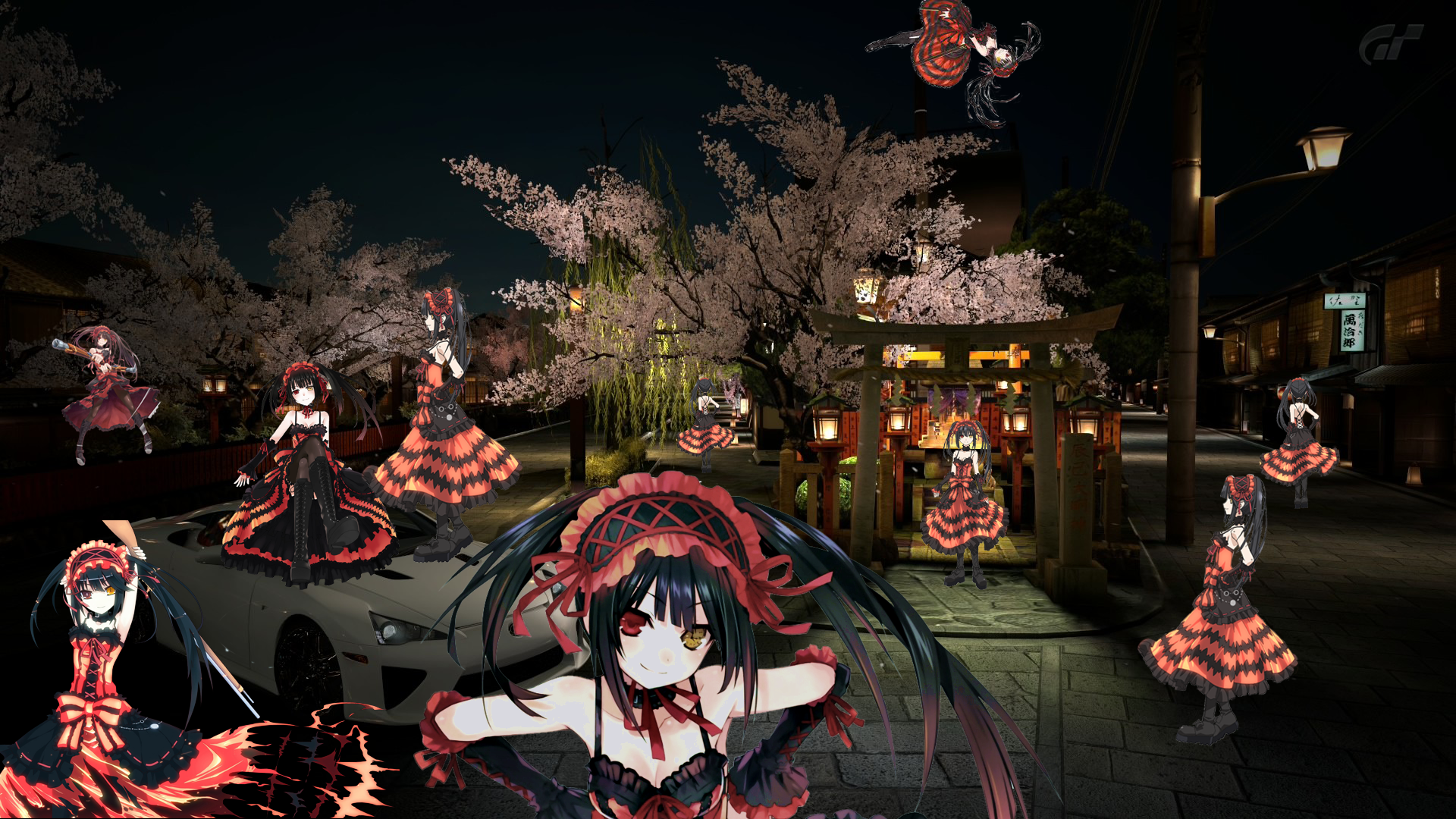 HD desktop wallpaper featuring Kurumi Tokisaki from Anime Date A Live, surrounded by cherry blossoms and lanterns, capturing a dynamic nighttime scene.