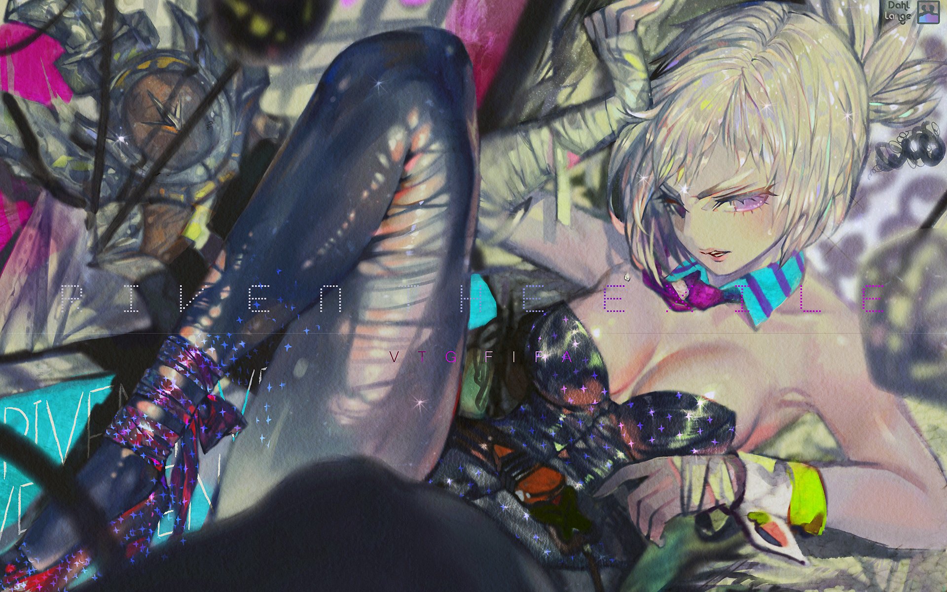 HD PC desktop wallpaper featuring Riven from the video game League of Legends in a dynamic, futuristic artistic style.