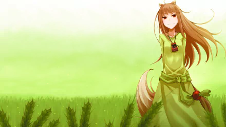 An HD desktop wallpaper featuring Holo from the anime Spice and Wolf, standing in a vibrant green field, showcasing her iconic wolf ears and expressive demeanor.