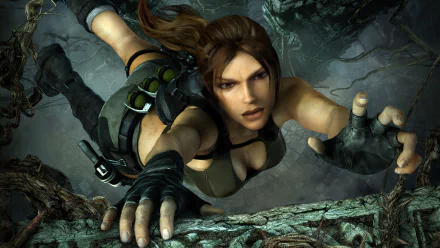 HD PC desktop wallpaper of video game Tomb Raider: Underworld: Lara Croft reaching for a ledge with an intense gaze, wearing climbing gear and gloves against a rocky jungle backdrop.