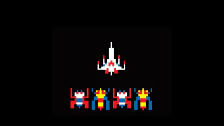 HD PC desktop wallpaper featuring pixel art spaceship and alien enemies from the classic video game Galaga against a black background.