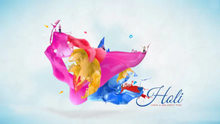 HD PC desktop wallpaper: vibrant Holi holiday scene of swirling pink, yellow and blue paint splashes, small festive silhouettes and Holi script on a soft sky-blue background.