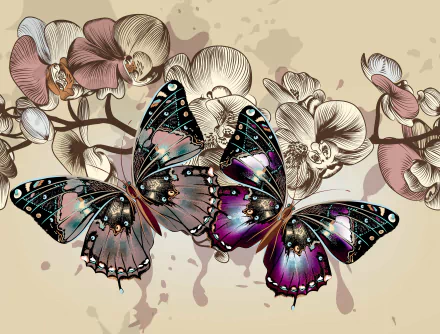 Colorful butterflies with intricate wings are shown against a backdrop of elegant flowers. This vector art creates a stunning 4K Ultra HD desktop wallpaper.