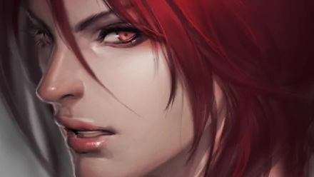 HD desktop wallpaper featuring Shyvana from League of Legends, depicted with intense red hair and a compelling gaze.
