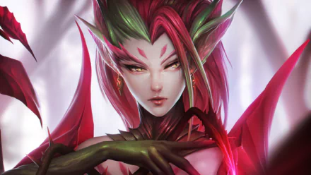 A captivating HD wallpaper featuring Zyra from League of Legends, adorned with thorns and vibrant plant-like elements, embodying the essence of fantasy in a striking portrait.