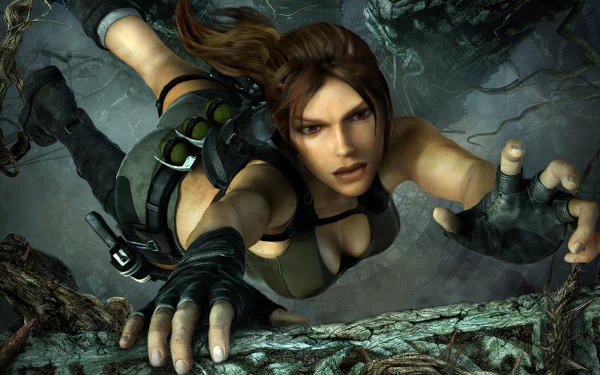 HD PC desktop wallpaper of video game Tomb Raider: Underworld: Lara Croft reaching for a ledge with an intense gaze, wearing climbing gear and gloves against a rocky jungle backdrop.