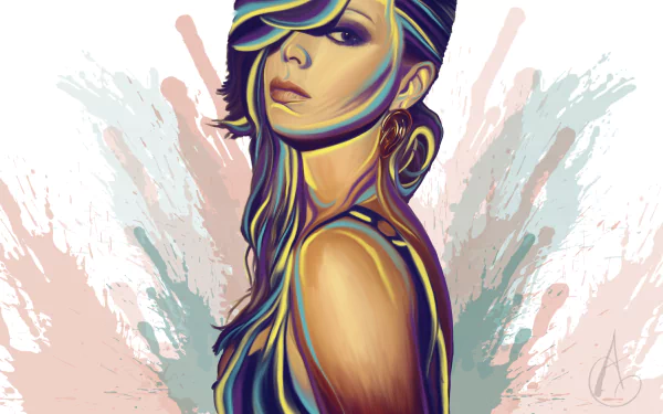 Artistic vector illustration of a woman's face with flowing hair, designed as a vibrant 4K Ultra HD PC desktop wallpaper and background.