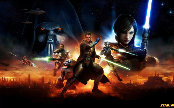 Darth Malgus and Satele Shan face off, surrounded by Jedi and Sith. Armed with green and blue lightsabers, they embody the epic conflict of Star Wars: The Old Republic. HD wallpaper.
