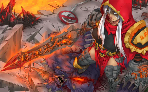A vibrant HD wallpaper featuring Riven from League of Legends, showcasing her powerful stance and glowing sword amidst a dramatic, fiery background.