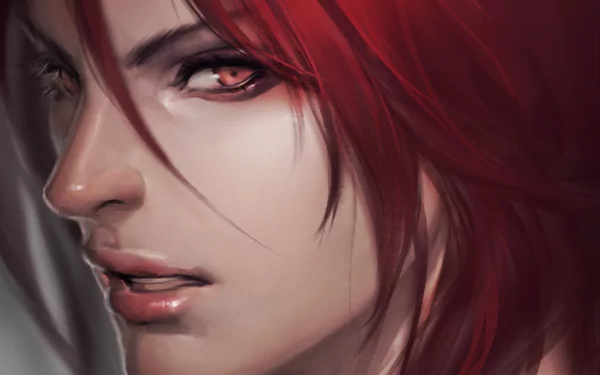 HD desktop wallpaper featuring Shyvana from League of Legends, depicted with intense red hair and a compelling gaze.