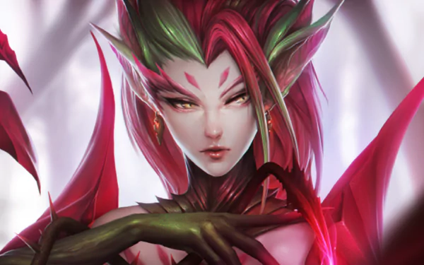 A captivating HD wallpaper featuring Zyra from League of Legends, adorned with thorns and vibrant plant-like elements, embodying the essence of fantasy in a striking portrait.