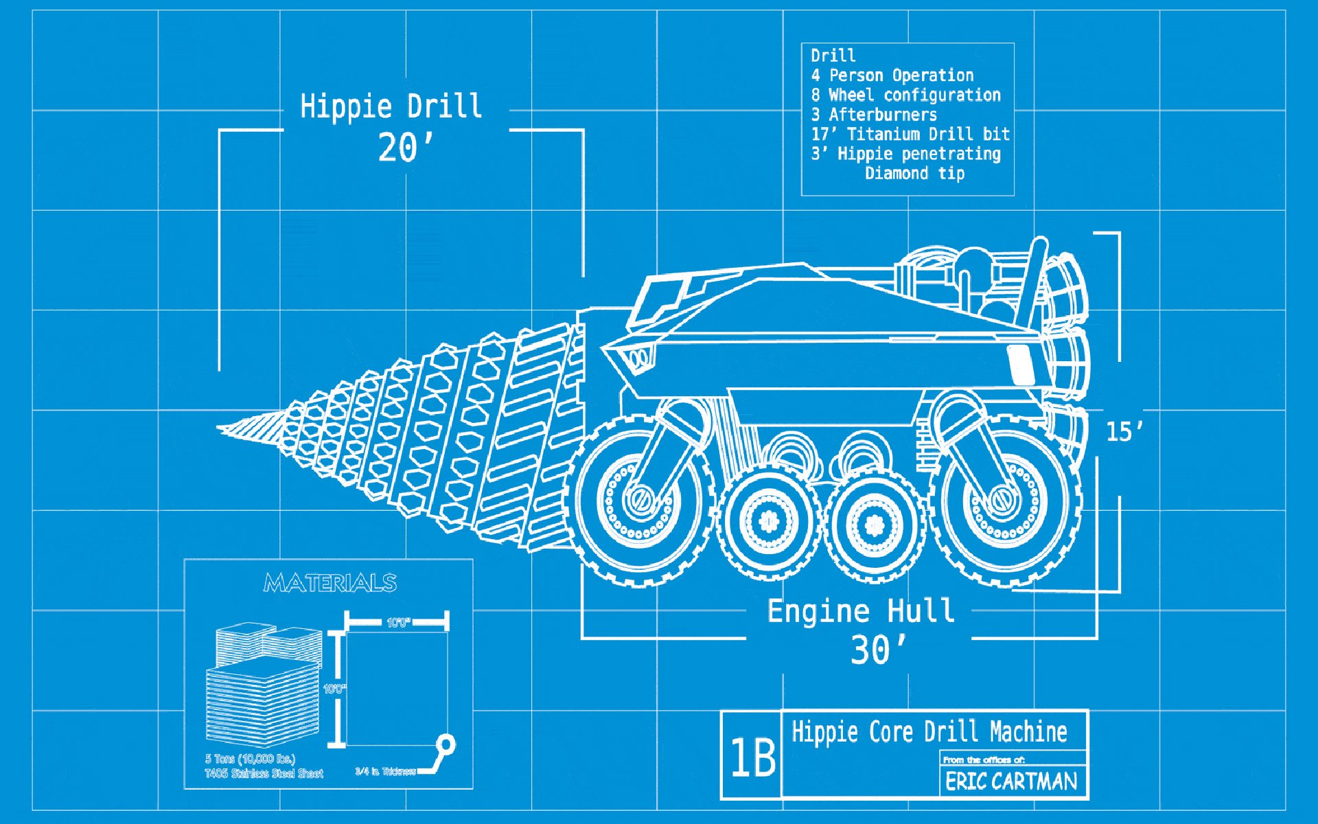 HD PC desktop wallpaper: South Park TV show blueprint of the “Hippie Drill” vehicle — white technical drawing and measurements on a blue grid background.