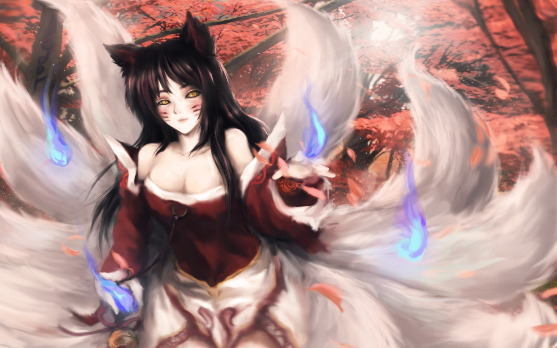 A vibrant HD wallpaper featuring Ahri from League of Legends, adorned with her nine-tailed fox appearance, set against a backdrop of colorful autumn leaves.