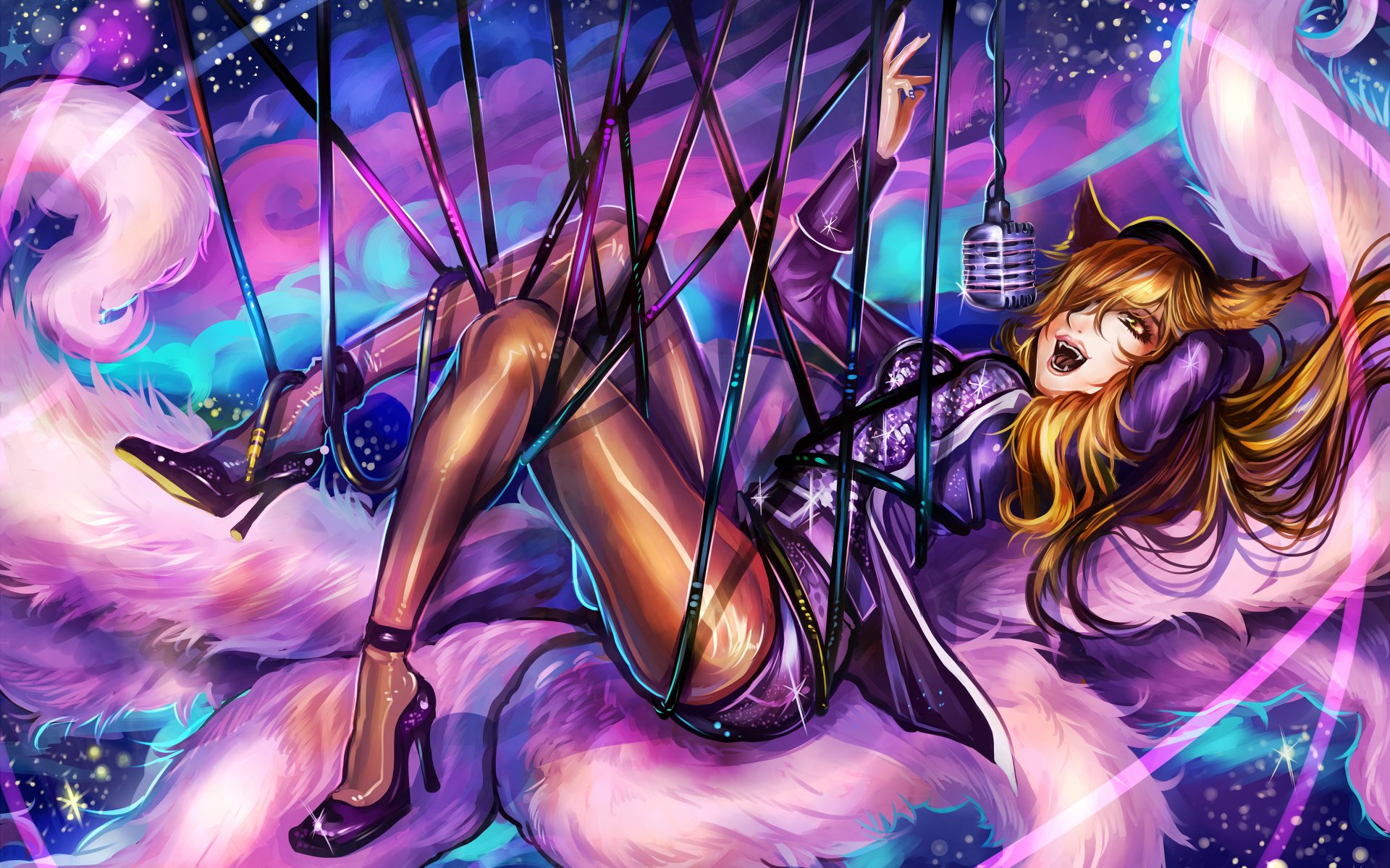 Ahri (League of Legends) in a neon purple pop‑star pose, suspended among glowing wires with nine fluffy tails and a vintage mic — video game art, HD PC desktop wallpaper and background.