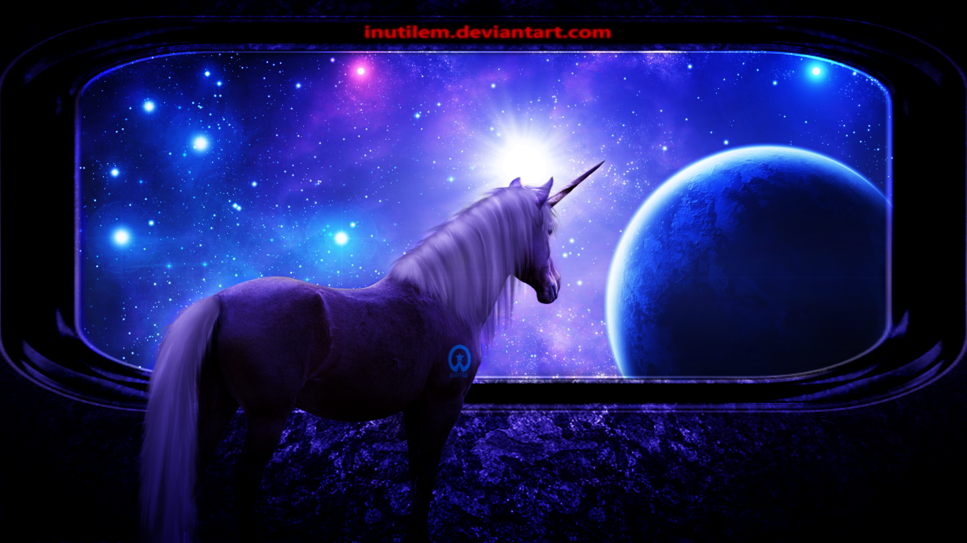 A majestic unicorn stands inside a sci-fi ship, gazing out a window at a glowing planet and vibrant starry cosmos in this HD desktop wallpaper.