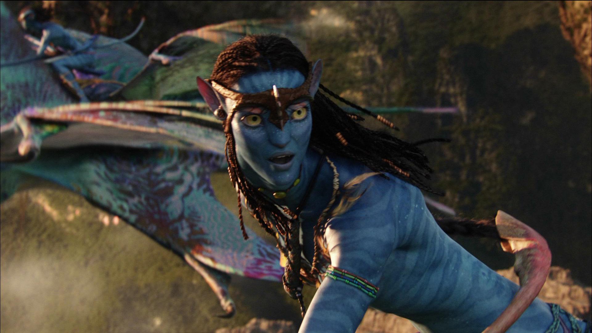 HD PC desktop wallpaper featuring a detailed close-up of a Na'vi character from the movie Avatar in an action scene.