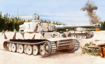 HD military-themed desktop wallpaper featuring a detailed illustration of two Tiger I tanks in a sandy, forested battlefield setting.