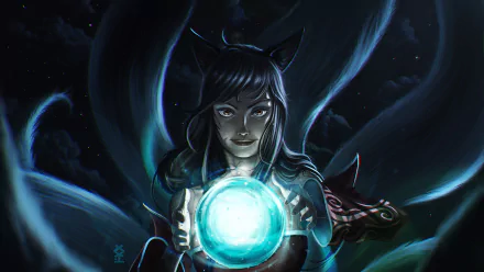 HD desktop wallpaper of Ahri from League of Legends, featuring her holding a glowing orb with dark, mystical tones in a video game art style.