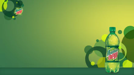 HD desktop wallpaper featuring a vibrant green Mountain Dew bottle against a green gradient background with circular graphic elements.