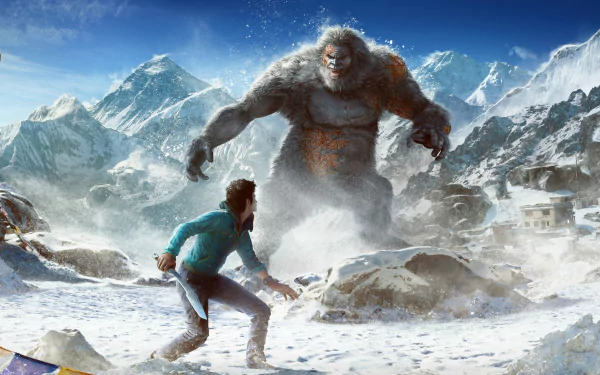 A captivating 4K Ultra HD wallpaper from Far Cry 4, featuring a tense encounter between a character and a yeti amidst a snowy mountainous landscape.