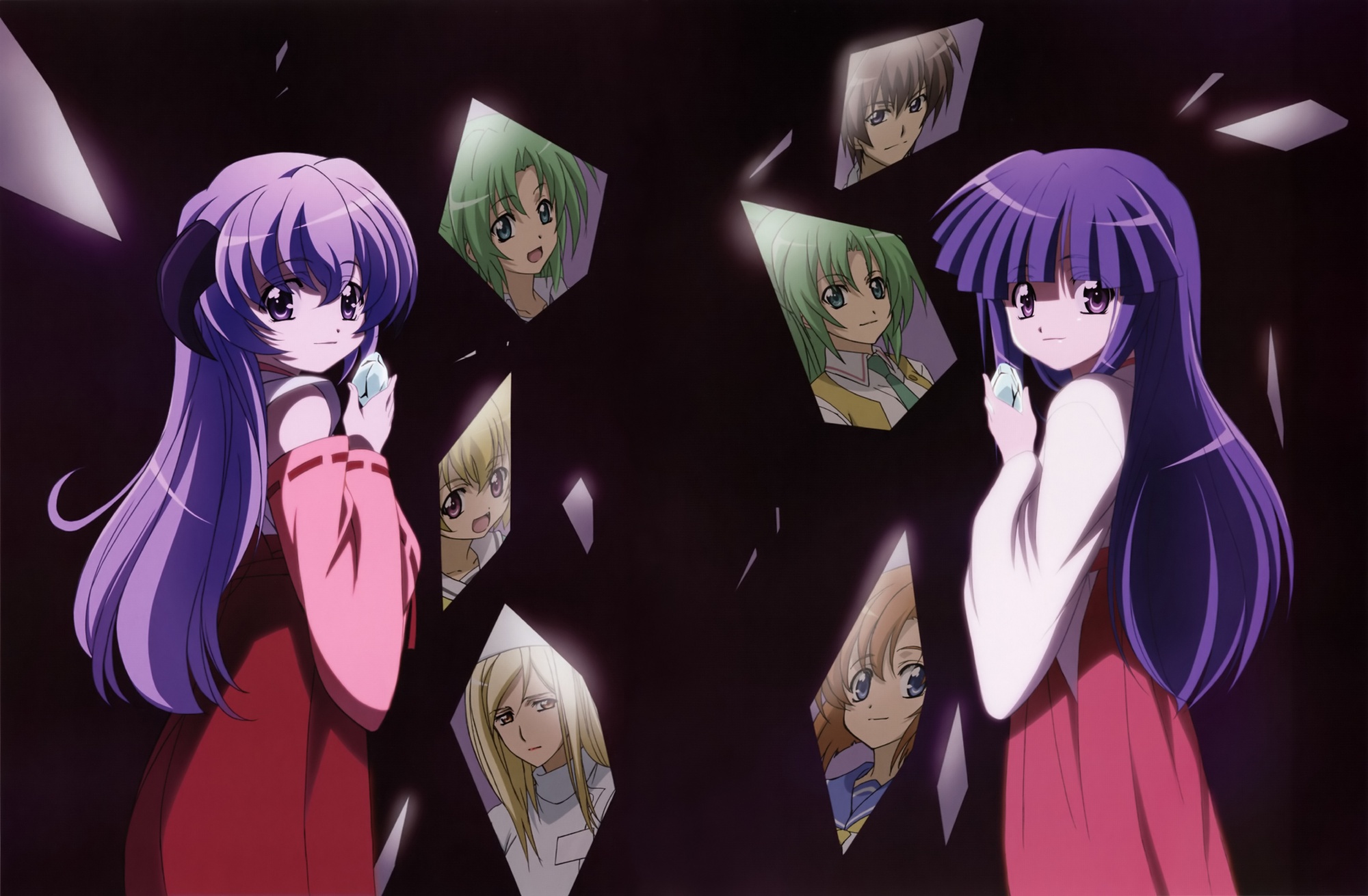 Group of characters from Higurashi When They Cry in a mirror, including Furude Rika and Maebara Keiichi