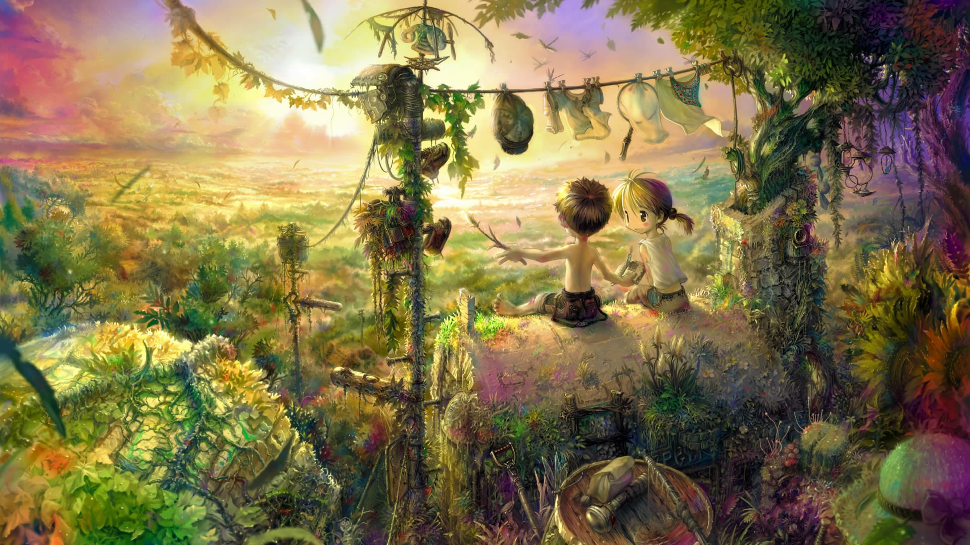 HD anime forest desktop wallpaper featuring two children sitting on a ledge overlooking a vibrant, detailed forest landscape bathed in warm, golden light at sunset.
