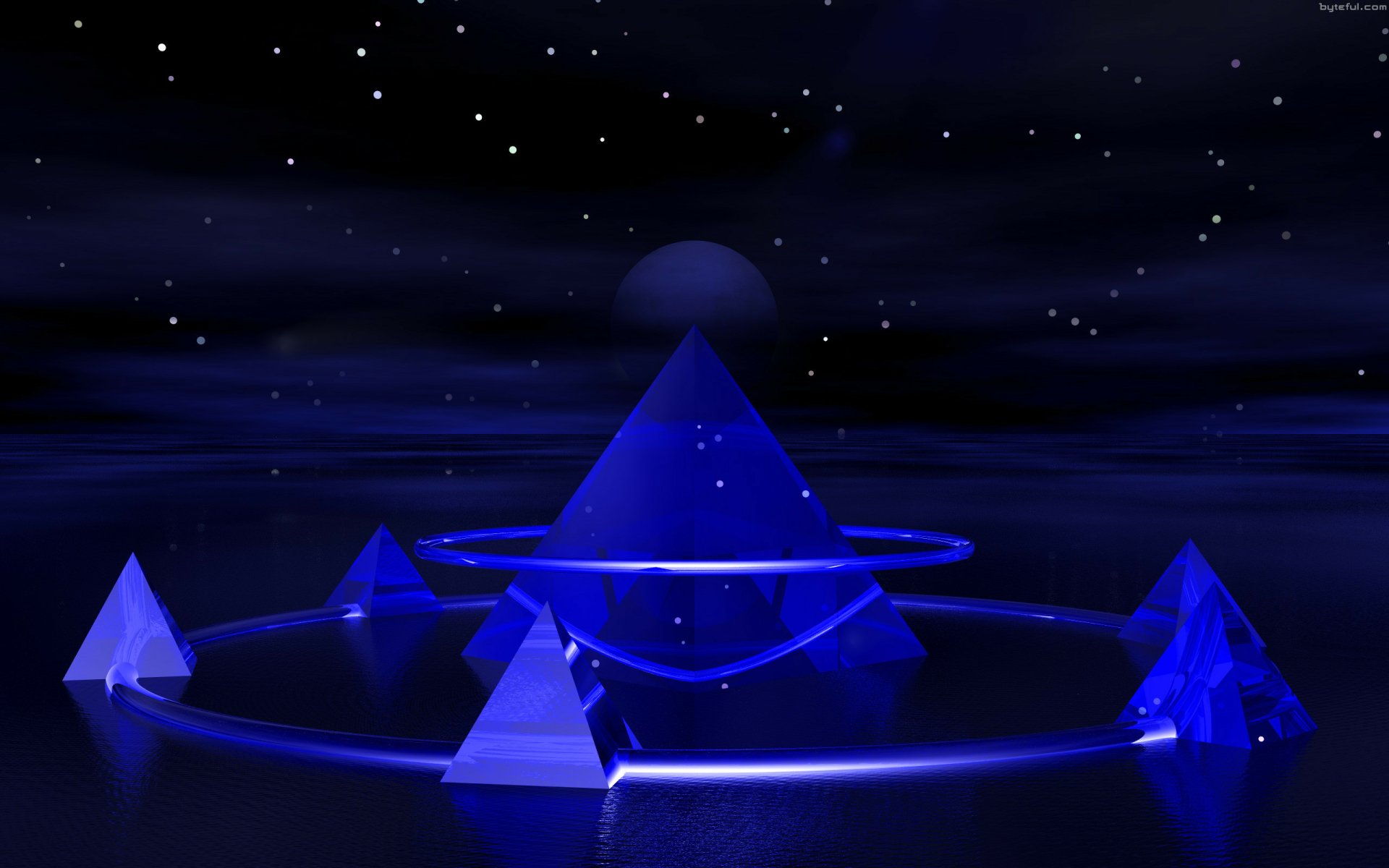 Abstract artistic HD PC desktop wallpaper featuring glowing blue pyramids connected by swirling rings under a starry night sky.