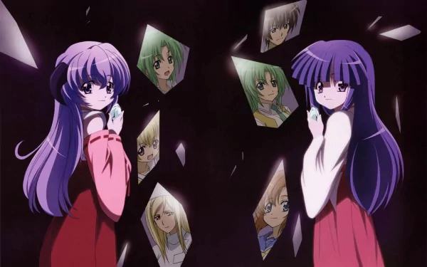 A captivating HD wallpaper from Higurashi When They Cry, featuring Hōjō Satoko and Rena Ryūgū amidst shattered mirrors reflecting images of key characters like Takano Miyo and Furude Rika.