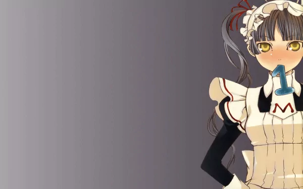 Anime Maria Holic HD PC desktop wallpaper: maid character with golden eyes and blush at right on a gray gradient background.