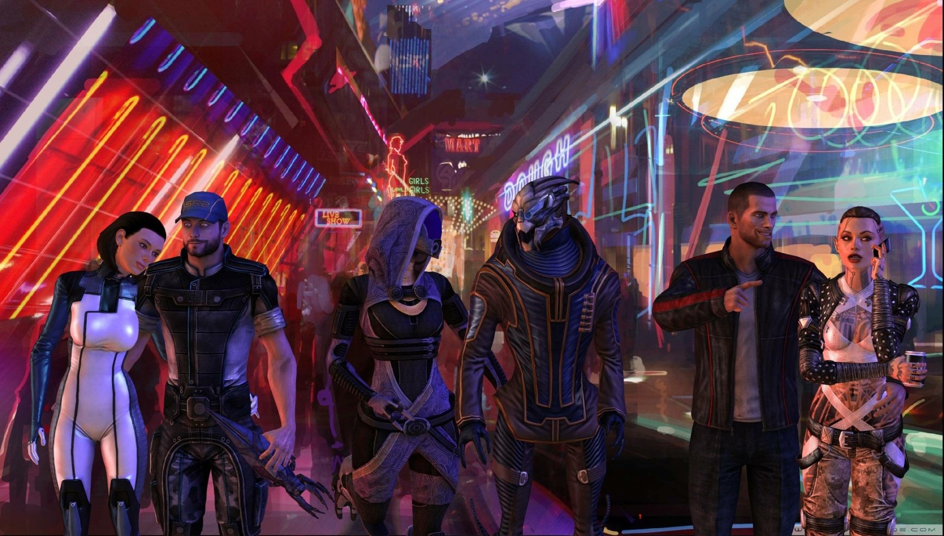 HD PC desktop wallpaper featuring Commander Shepard, Tali'Zorah, Jack, and Garrus Vakarian from the video game Mass Effect in a vibrant futuristic cityscape.