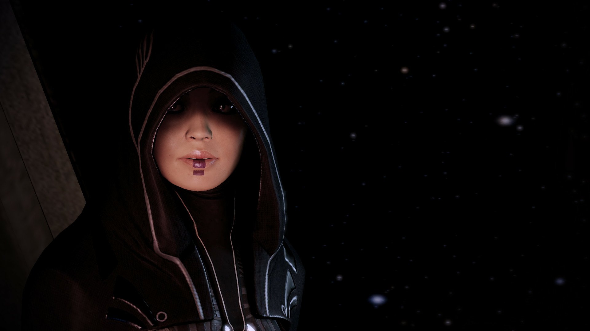HD PC desktop wallpaper featuring Kasumi Goto, a character from the Mass Effect video game series, set against a dark, starry background.